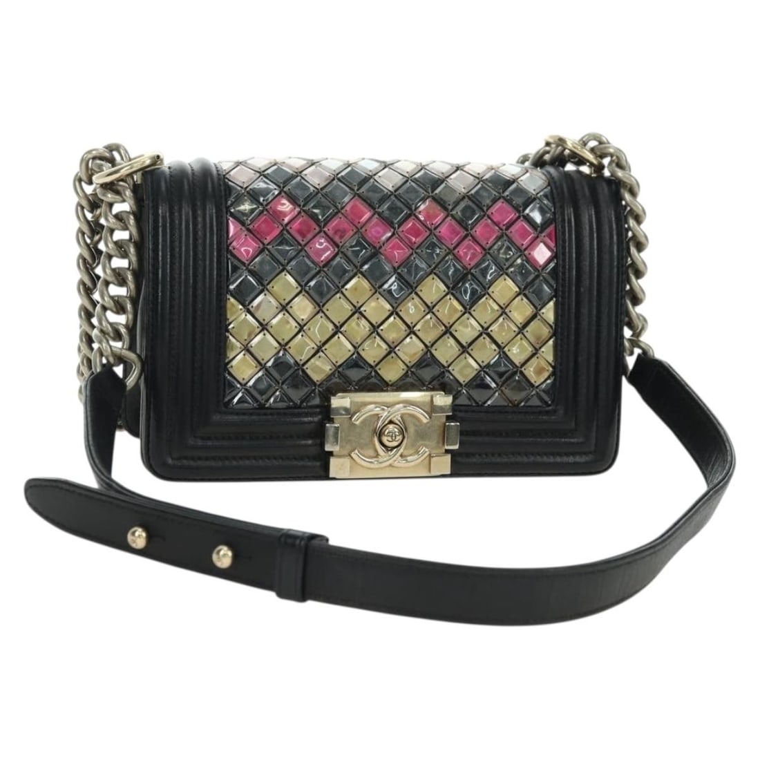 CHANEL Boy Chanel Tile CC Leather Shoulder Bag Black Multicolor: CHANEL Boy Chanel Tile CC Leather Shoulder Bag Black Multicolor CHANEL Boy Chanel shoulder bag in black and multicolor leather with chain strap. This women's shoulder bag includes a dust bag and shows