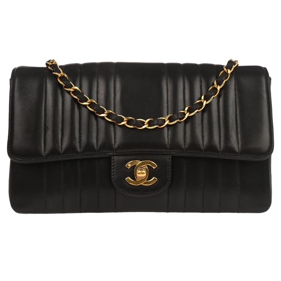 CHANEL Mademoiselle Vertical Stitch Black Lambskin Shoulder Bag: CHANEL Mademoiselle Vertical Stitch Black Lambskin Shoulder Bag Chanel Mademoiselle Single Flap shoulder bag in black lambskin leather with vertical stitch quilting and a turn-lock closure. This mediu