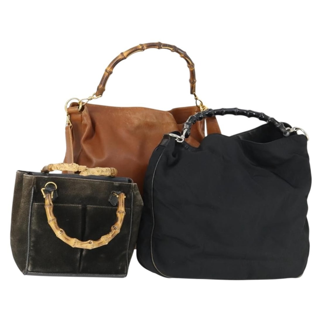 Set of 3 Gucci Bamboo Shoulder Bags Leather Canvas Suede Black Brown: Set of 3 Gucci Bamboo Shoulder Bags Leather Canvas Suede Black Brown This is a Gucci bamboo shoulder bag set designed for women, crafted from leather with black and brown accents. The set includes thr