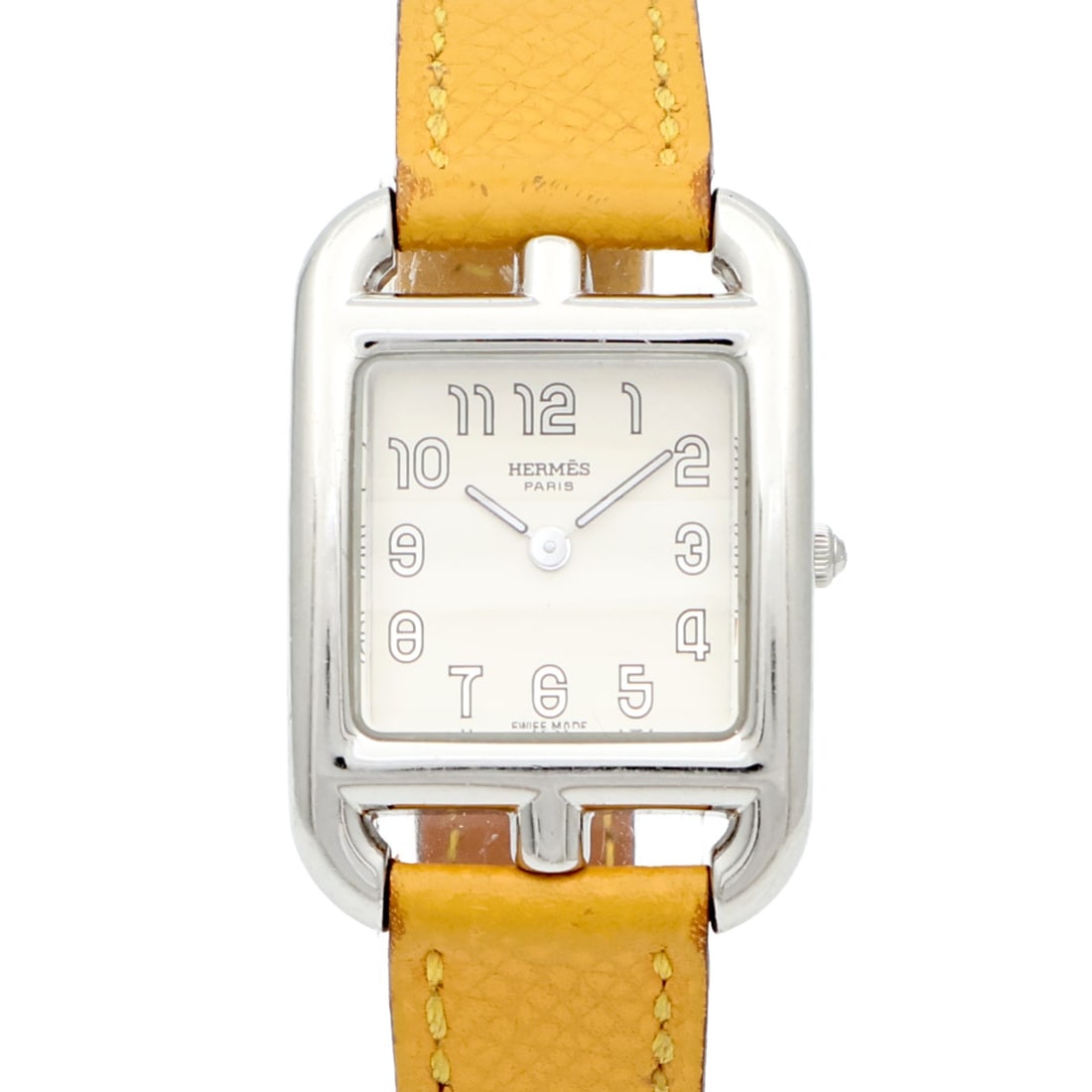 Hermes CC1.210 Cape Cod women's quartz wristwatch white stainless steel: Hermes CC1.210 Cape Cod women's quartz wristwatch white stainless steel Hermes CC Capecod Quartz wristwatch for ladies, model CC1.210, with a white dial and white frame color. It is made of stainless 