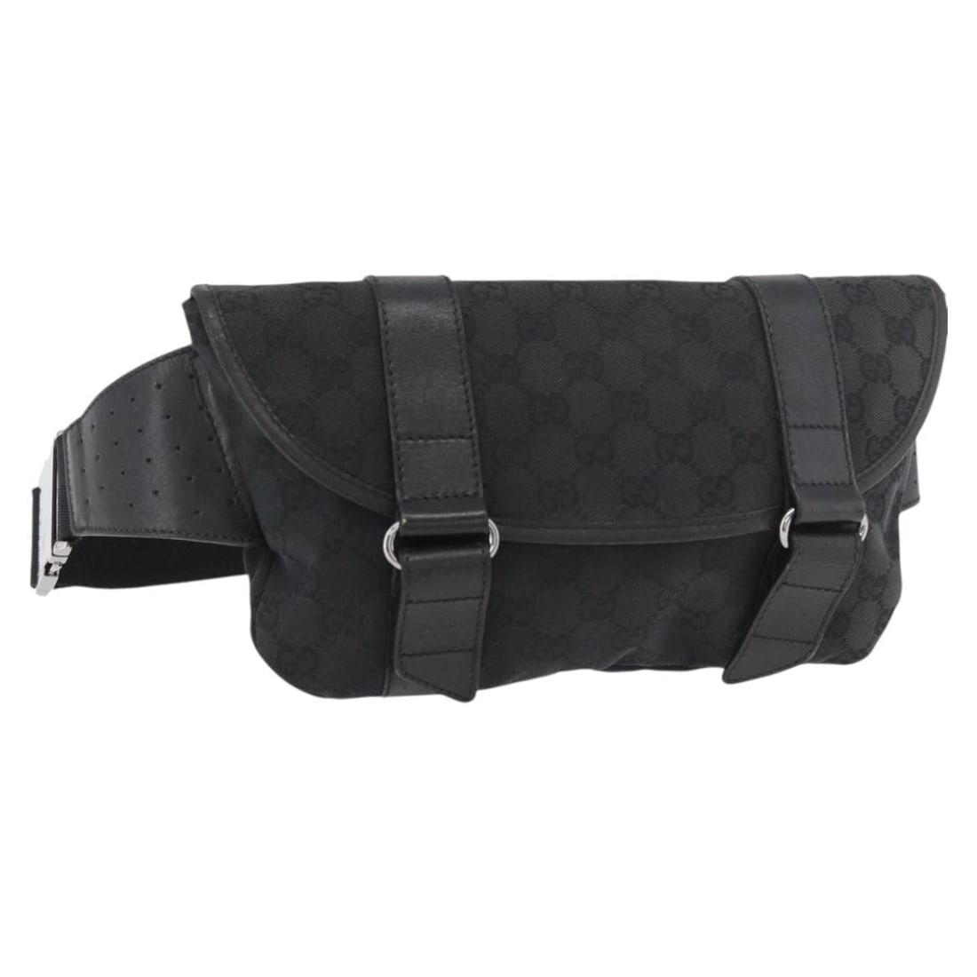 Gucci 145351 GG Canvas Belt Bag Black Silver: Gucci 145351 GG Canvas Belt Bag Black Silver Authentic Gucci waist bag in black and silver GG canvas, made in Italy. This women's bag is a heavily used piece with visible wear throughout, including an