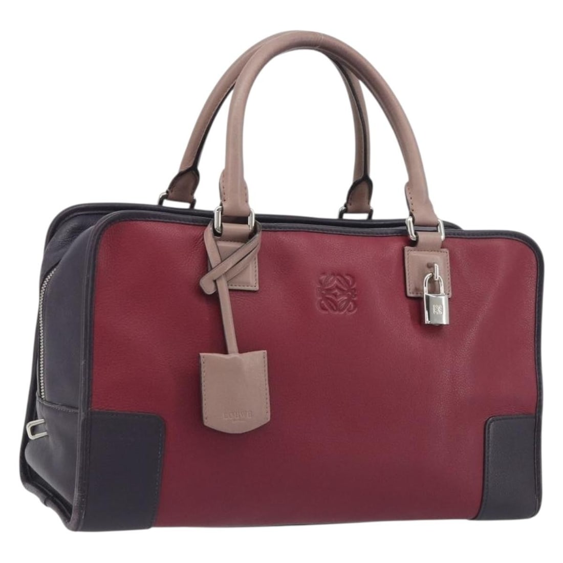 LOEWE Amazona 36 Purple Leather Handbag with 2 Keys Clochette: LOEWE Amazona 36 Purple Leather Handbag with 2 Keys Clochette LOEWE Amazona 36 handbag in purple leather with silver-tone accents, made in Spain. This women's handbag includes two keys and a clochette