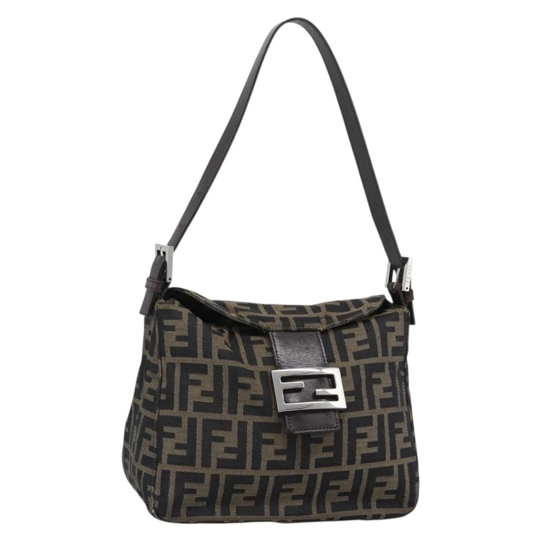 Fendi Mamma Baguette Shoulder Bag in Brown Black Zucca Canvas: Fendi Mamma Baguette Shoulder Bag in Brown Black Zucca Canvas Authentic FENDI Mamma Baguette shoulder bag in brown and black Zucca canvas. This women's shoulder bag is made in Italy and features an ad