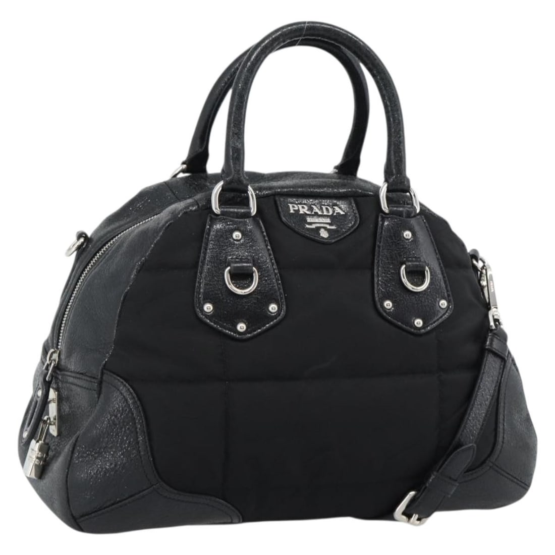 Prada 2way Leather Hand Bag Black Silver with Shoulder Strap (1 of 18)