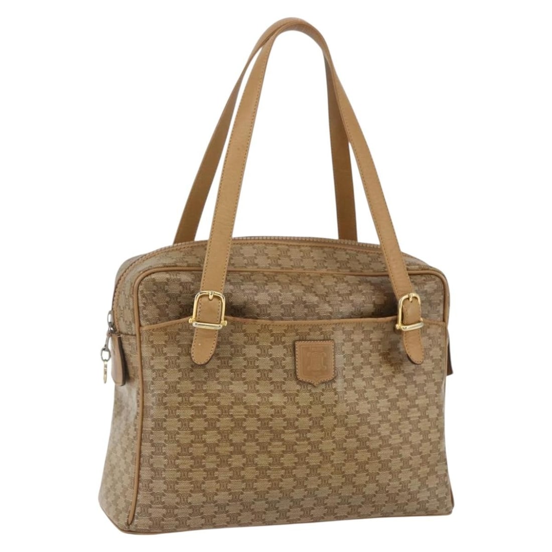CELINE Macadam PVC Leather Beige Gold Womens Handbag: CELINE Macadam PVC Leather Beige Gold Womens Handbag Celine Macadam canvas hand bag in beige and gold with PVC leather trim. Made in Italy. This pre-owned bag is heavily used and shows visible wear th