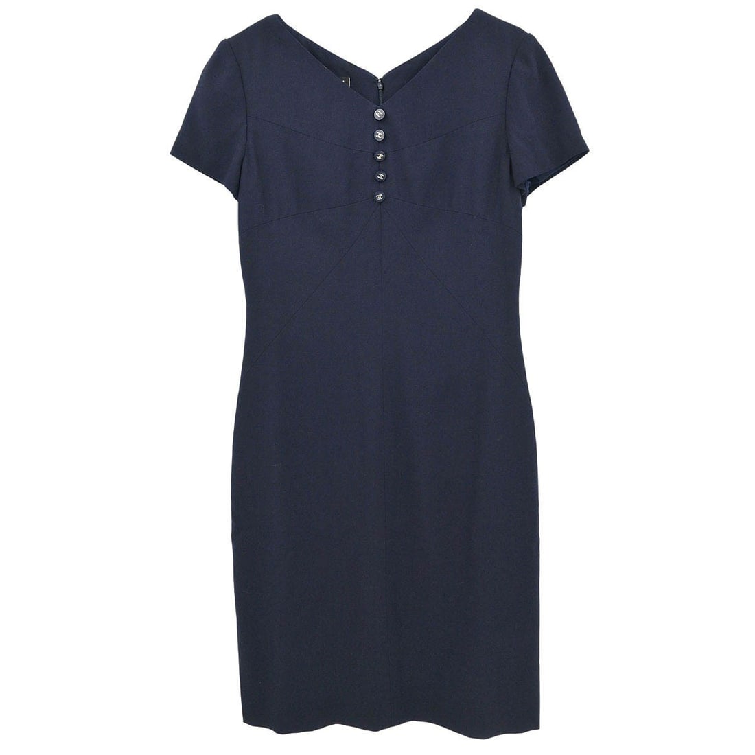 CHANEL 96P Navy Wool Short Sleeve Dress Size 40: CHANEL 96P Navy Wool Short Sleeve Dress Size 40 Chanel short sleeve dress in navy wool with a one-piece silhouette. Made in France, this women's regular-size dress is styled for casual wear and featur