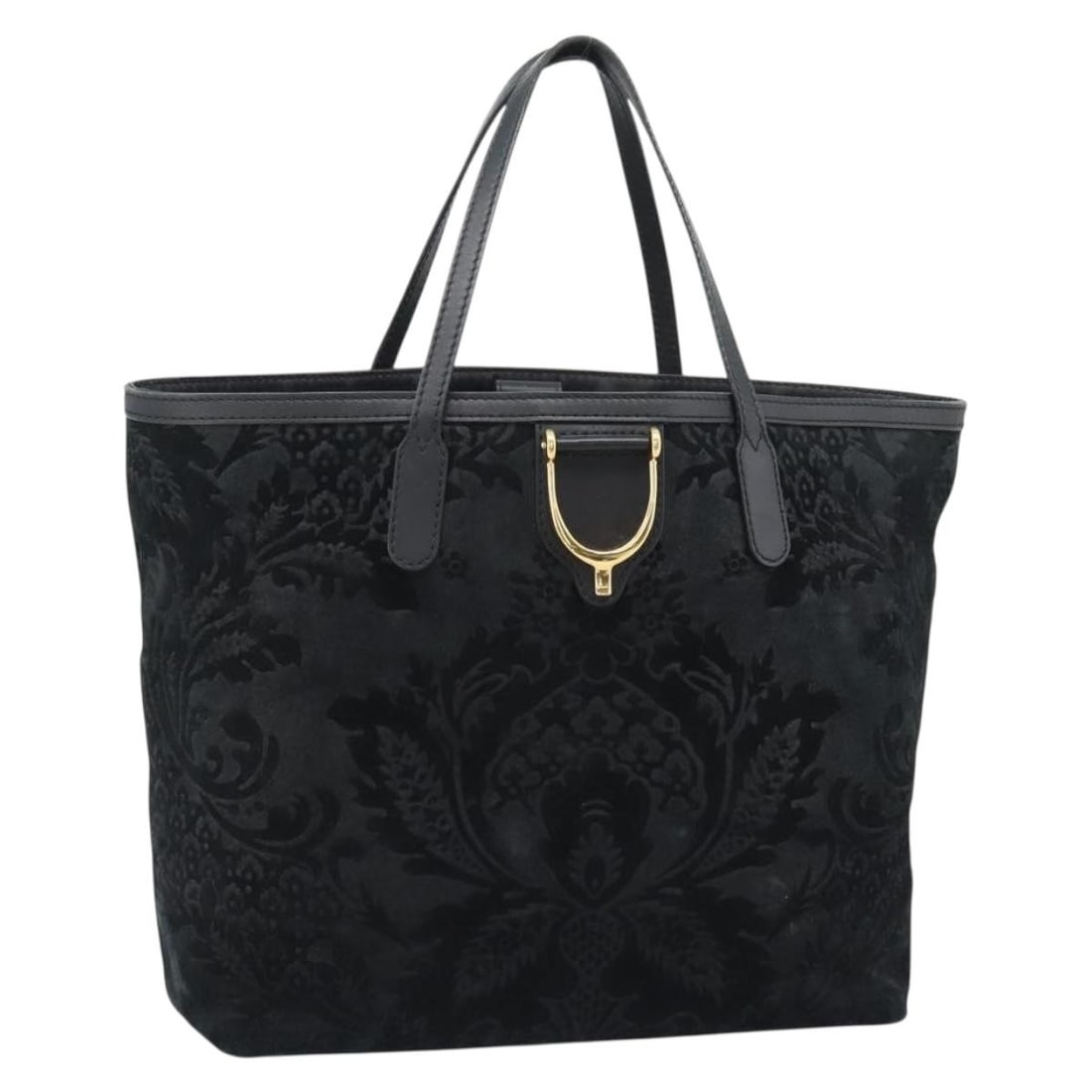 Gucci 305585 suede tote handbag black with gold tone: Gucci 305585 suede tote handbag black with gold tone Gucci tote bag in suede with a black and gold color combination. Made in Italy, this women's bag is identified by product line 305585 and measures 