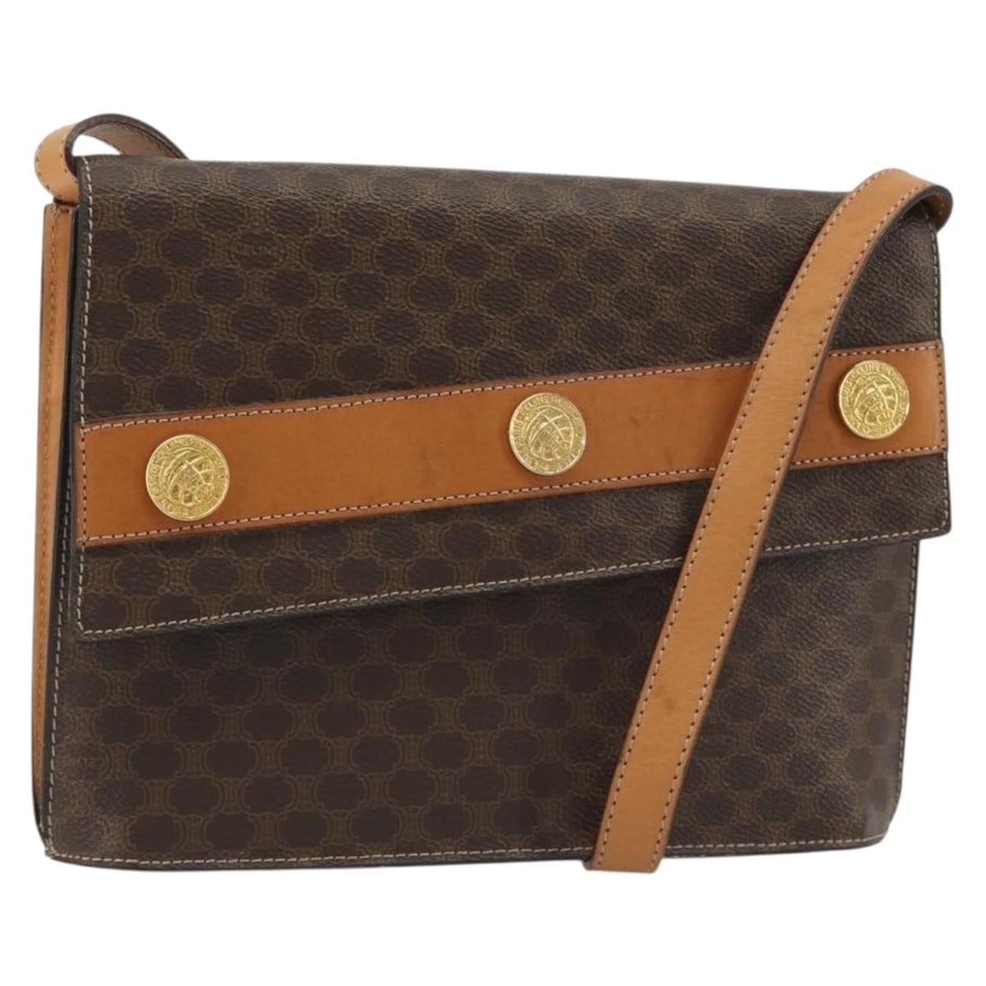 CELINE Macadam Medallion Shoulder Bag Brown PVC Leather: CELINE Macadam Medallion Shoulder Bag Brown PVC Leather Celine Macadam canvas medallion shoulder bag crafted in PVC leather with a brown and gold colorway. Made in Italy, this women's shoulder bag fea