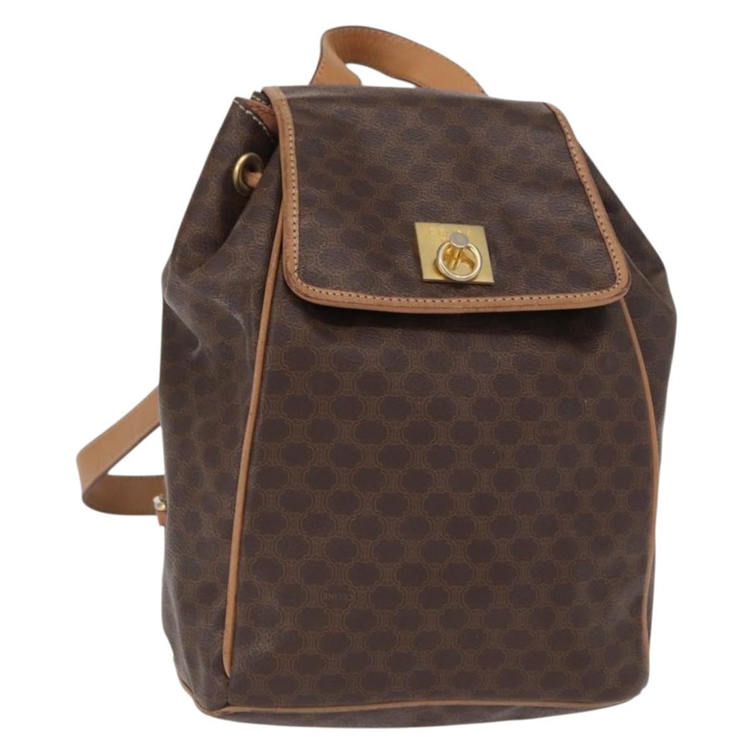 CELINE Macadam Brown Canvas PVC Leather Backpack Gold Tone Accents: CELINE Macadam Brown Canvas PVC Leather Backpack Gold Tone Accents This is an authentic CELINE Macadam canvas backpack crafted from PVC leather in a brown and gold color scheme. The bag features the c