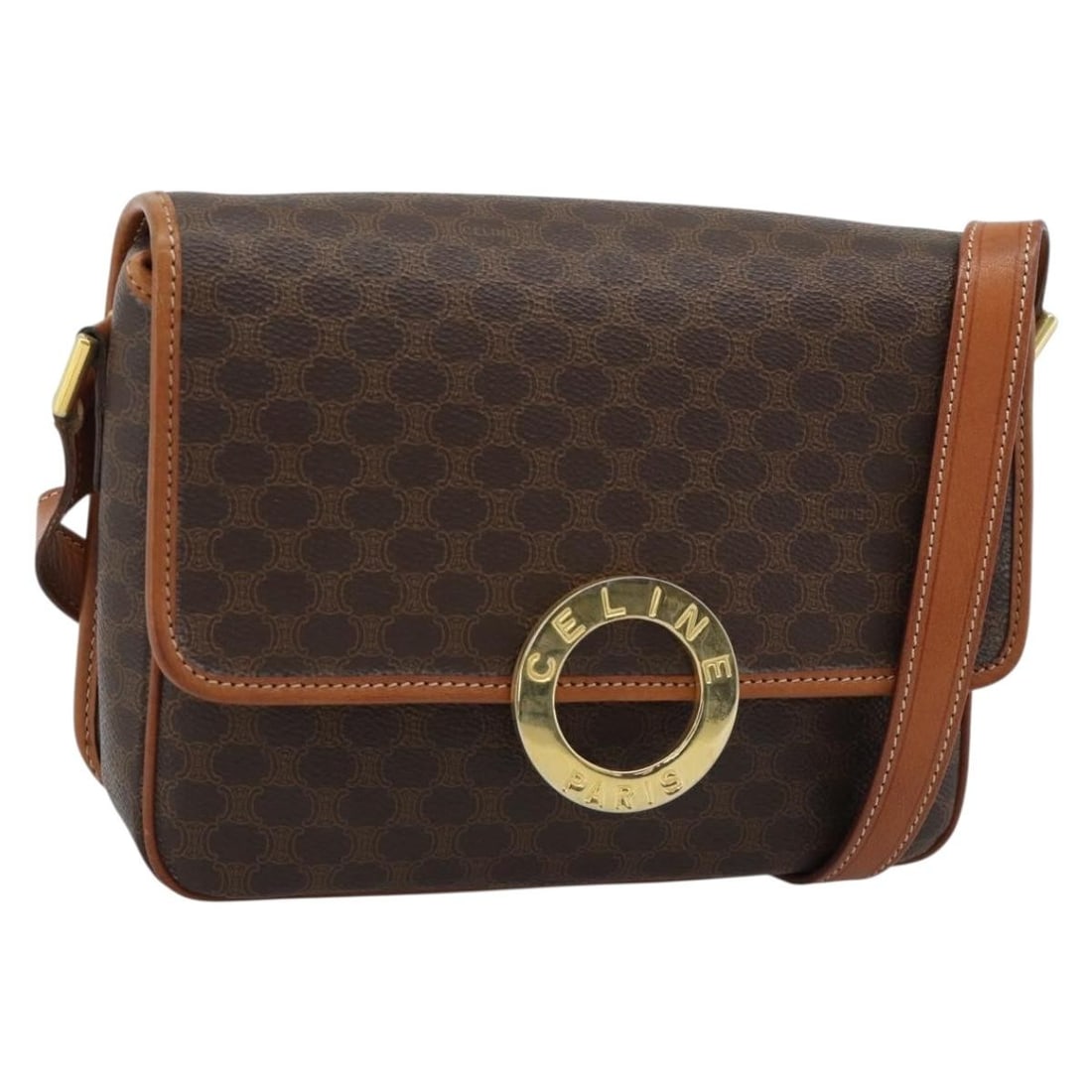 CELINE Macadam Circle Shoulder Bag Brown PVC Leather Gold Tone: CELINE Macadam Circle Shoulder Bag Brown PVC Leather Gold Tone Celine Macadam canvas circle shoulder bag in brown with gold-tone accents. This women's shoulder bag is made in Italy from PVC leather an