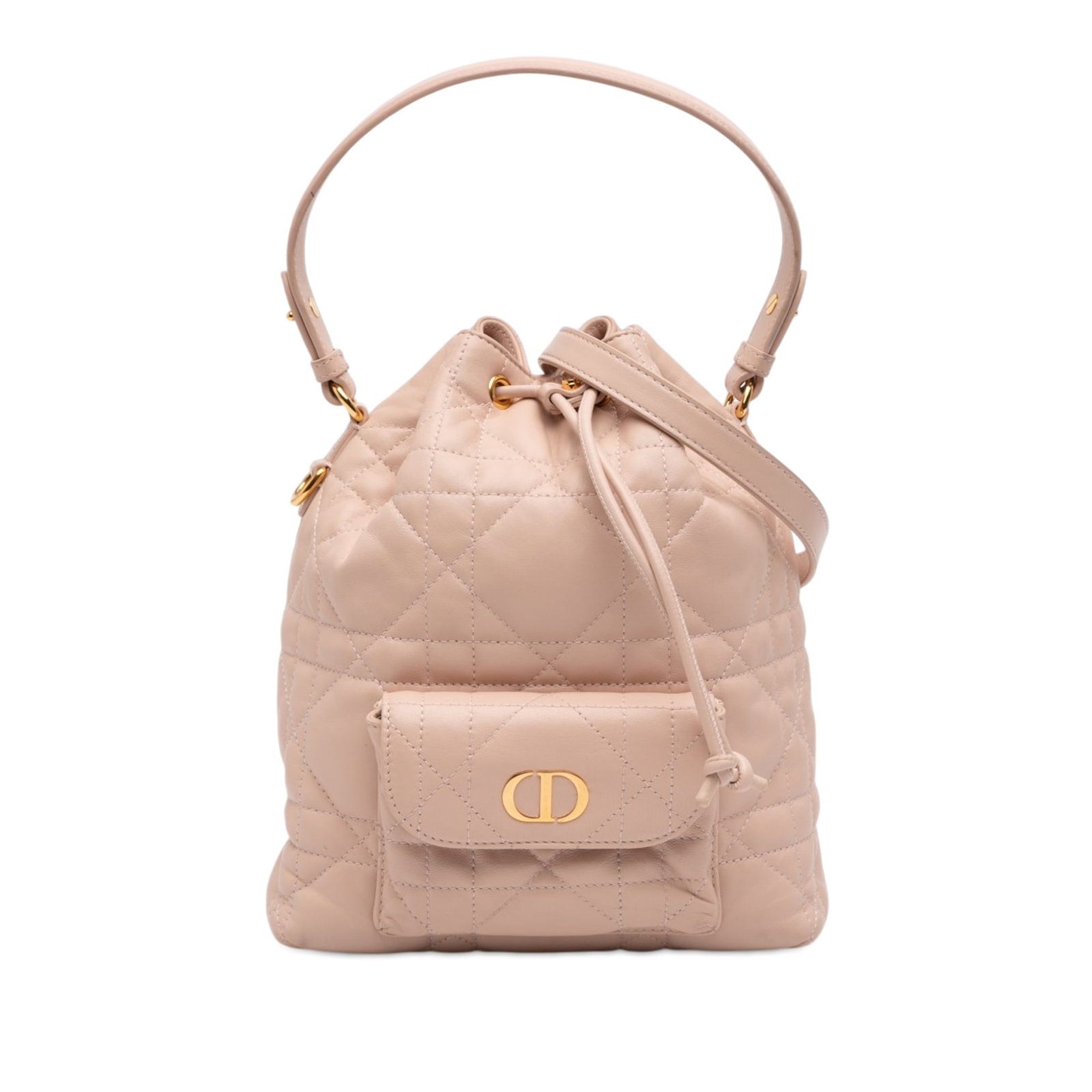Dior Caro Small Bucket Bag in Brown Lambskin Macrocannage: Dior Caro Small Bucket Bag in Brown Lambskin Macrocannage Small Dior Caro bucket bag crafted in brown quilted lambskin leather with Macrocannage detailing. The design features a flat leather handle, a