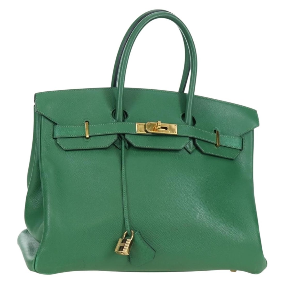 HERMES Birkin 35 Green Leather Handbag with Dust Bag Padlock Key: HERMES Birkin 35 Green Leather Handbag with Dust Bag Padlock Key Hermes Birkin 35 hand bag in leather, presented in green and gold. Made in France, this women's handbag measures approximately 35 cm wi