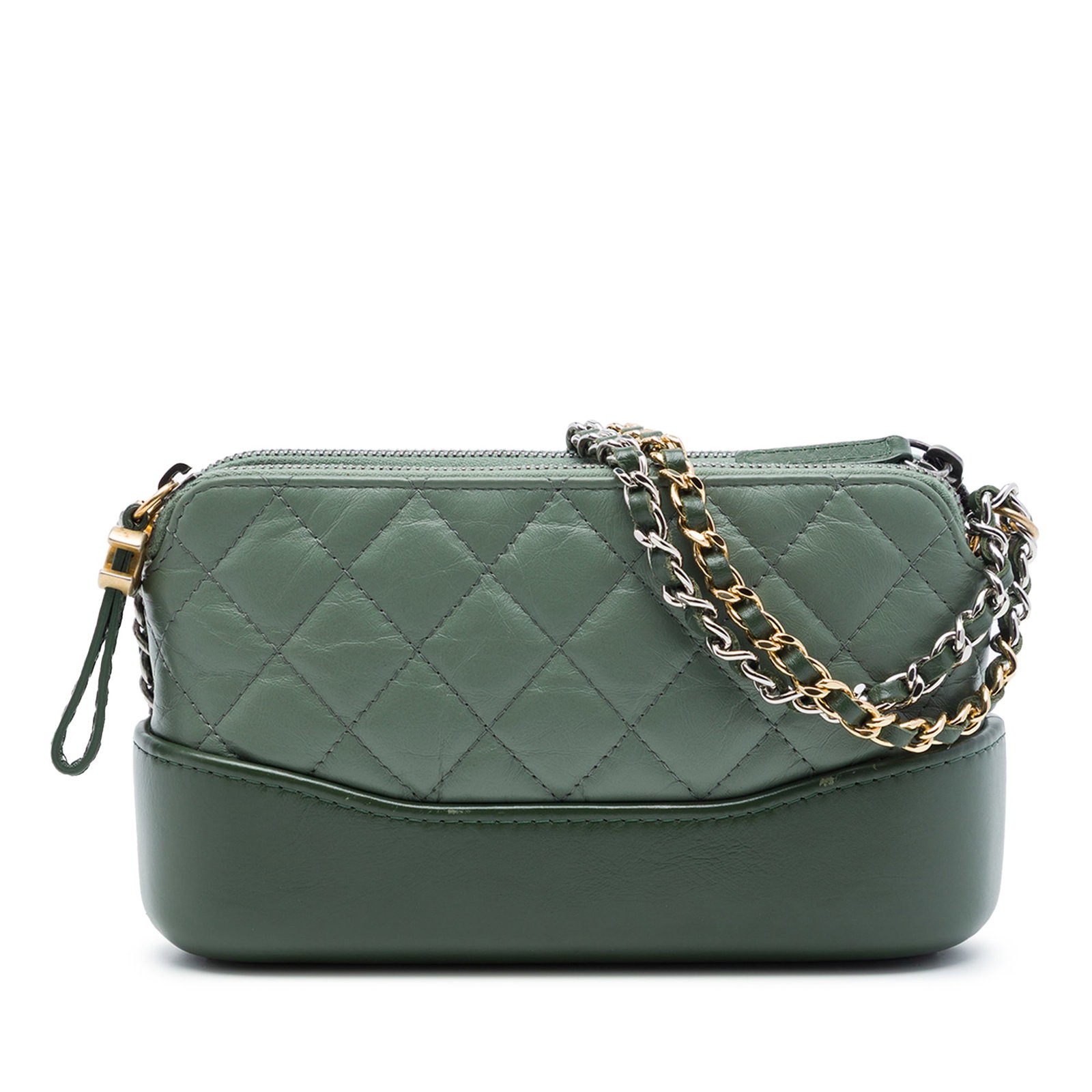 Chanel Gabrielle green aged calfskin crossbody clutch with chain: Chanel Gabrielle green aged calfskin crossbody clutch with chain Green Chanel Gabrielle double zip clutch with chain crafted in aged calfskin leather. This crossbody bag features a leather-woven chain