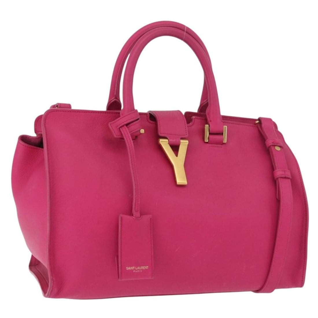 SAINT LAURENT Petit Cabas 2way Leather Handbag Pink Gold Strap: SAINT LAURENT Petit Cabas 2way Leather Handbag Pink Gold Strap Saint Laurent Petit Cabas hand bag in leather with a pink and gold exterior. This 2-way bag includes a shoulder strap and is made in Ital