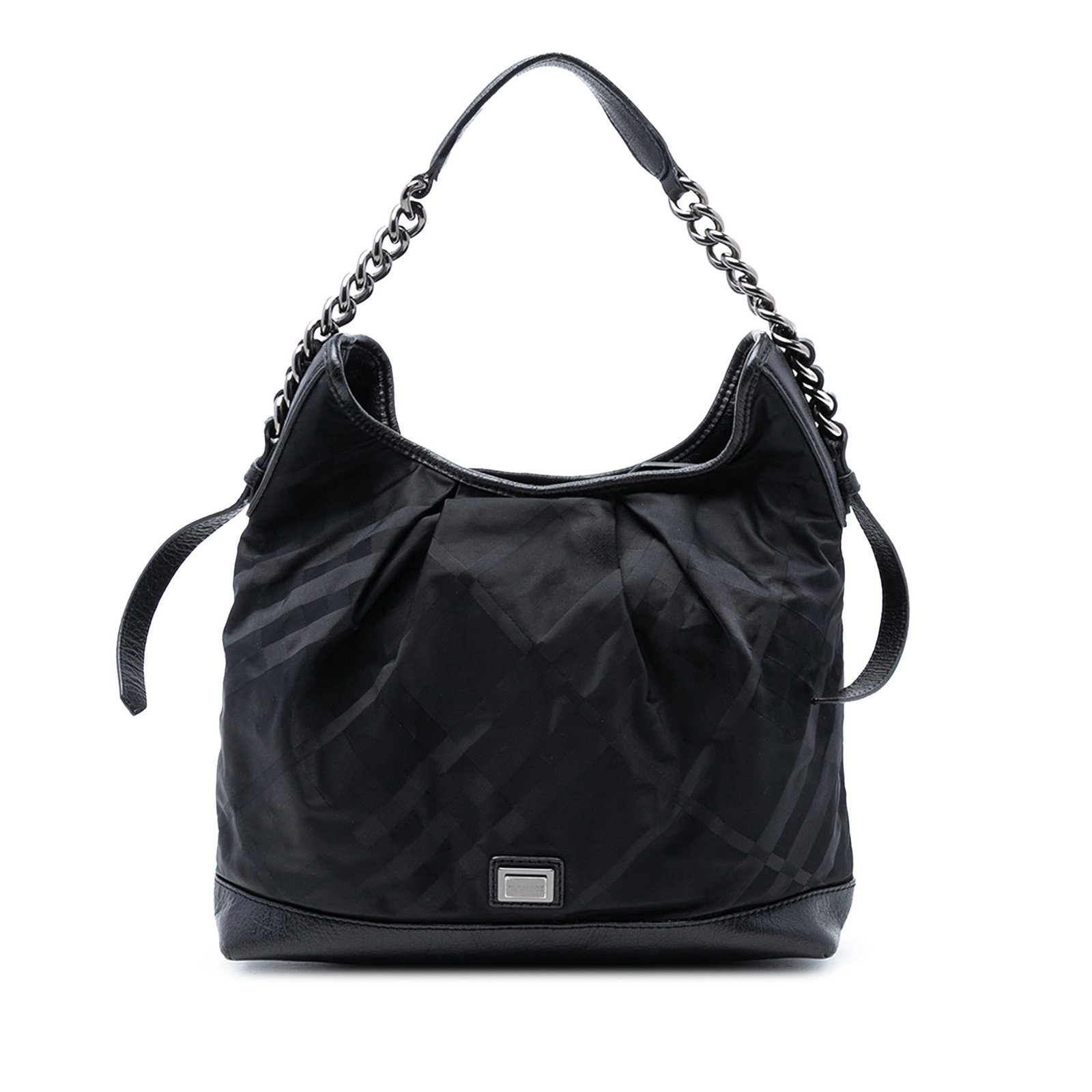 Burberry Black Nylon Shoulder Bag with Leather Trim and Chain Strap: Burberry Black Nylon Shoulder Bag with Leather Trim and Chain Strap This Burberry shoulder bag features a tonal check nylon body with leather trim, complemented by a chain link and leather strap. The 