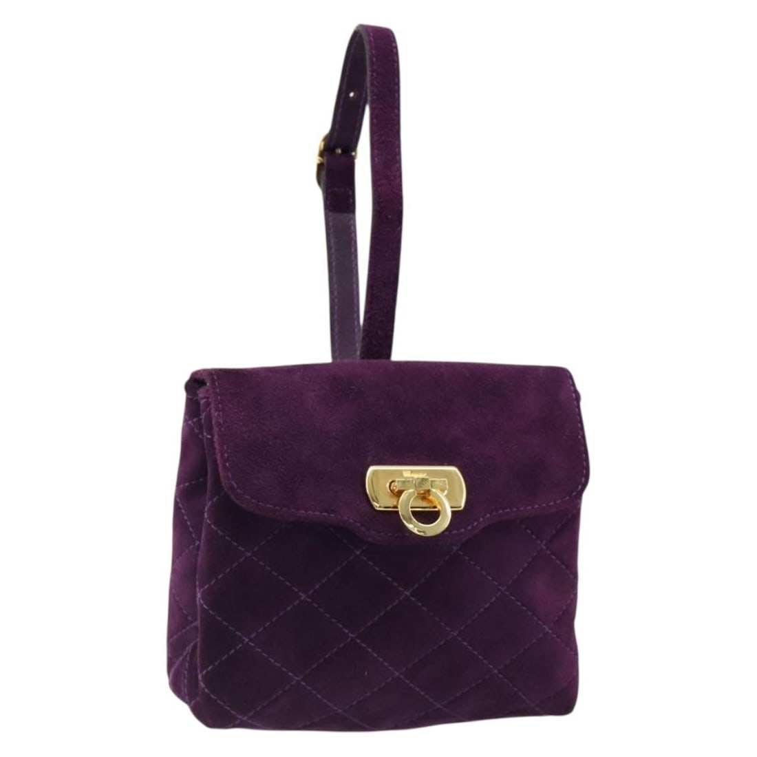Salvatore Ferragamo Gancini Suede Handbag Purple Gold Tone: Salvatore Ferragamo Gancini Suede Handbag Purple Gold Tone Salvatore Ferragamo Gancini hand bag in suede with a purple and gold exterior. Made in Italy, this women's bag measures approximately 14 cm W
