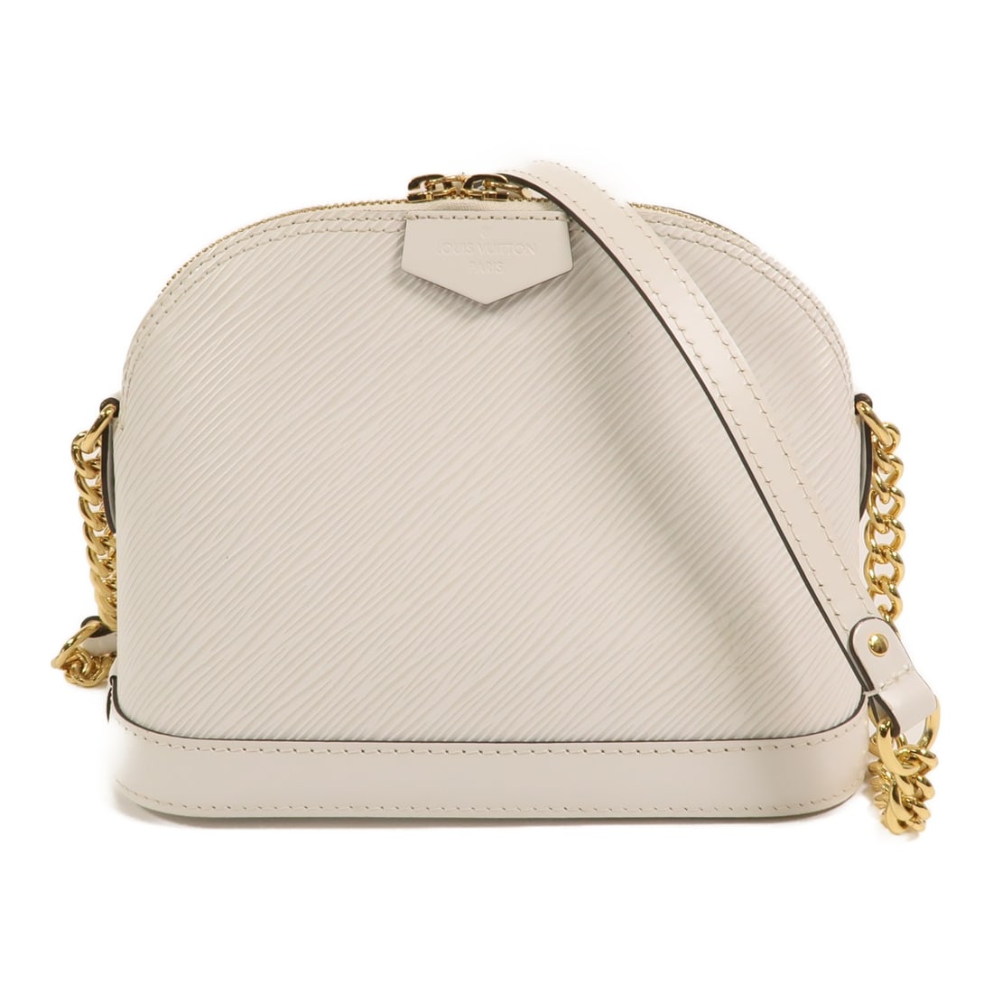 Louis Vuitton Alma BB White Epi Calfskin Chain Shoulder Bag M51407: Louis Vuitton Alma BB White Epi Calfskin Chain Shoulder Bag M51407 Louis Vuitton Alma BB chain shoulder bag in white Epi and calfskin leather. This women's shoulder bag features a compact structured s