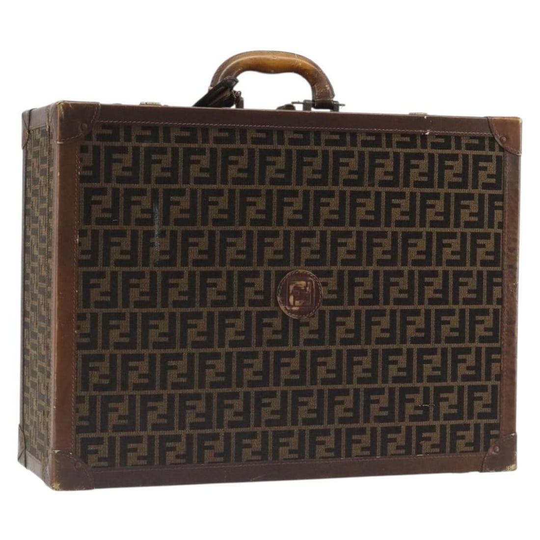 FENDI Zucca Canvas Trunk Bag Black Brown with Name Tag: FENDI Zucca Canvas Trunk Bag Black Brown with Name Tag Authentic FENDI trunk in black and brown Zucca canvas with a structured silhouette and top handles. Includes a name tag. Condition is heavily use