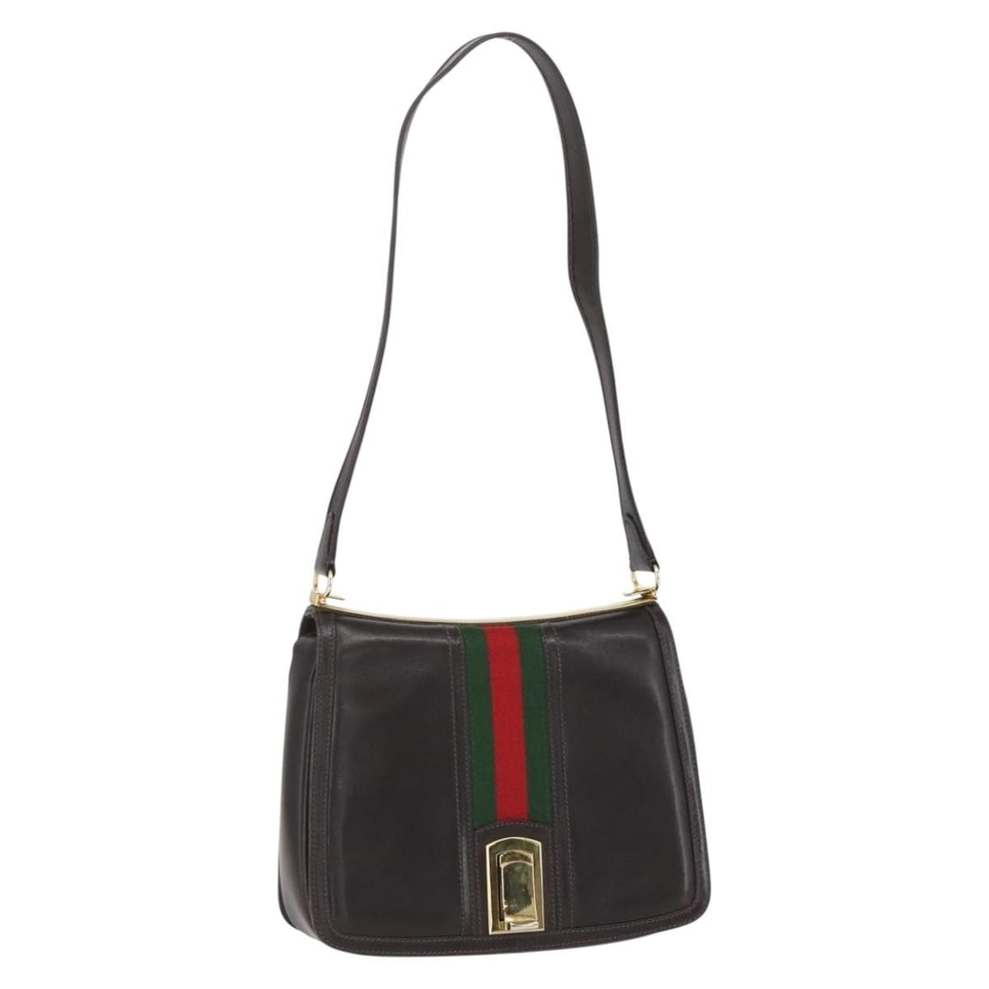Gucci Sherry Web Leather Shoulder Bag Brown Gold Tone: Gucci Sherry Web Leather Shoulder Bag Brown Gold Tone Gucci Web Sherry Line shoulder bag in brown leather with gold-tone accents. Made in Italy, this women's shoulder bag is offered without the origin
