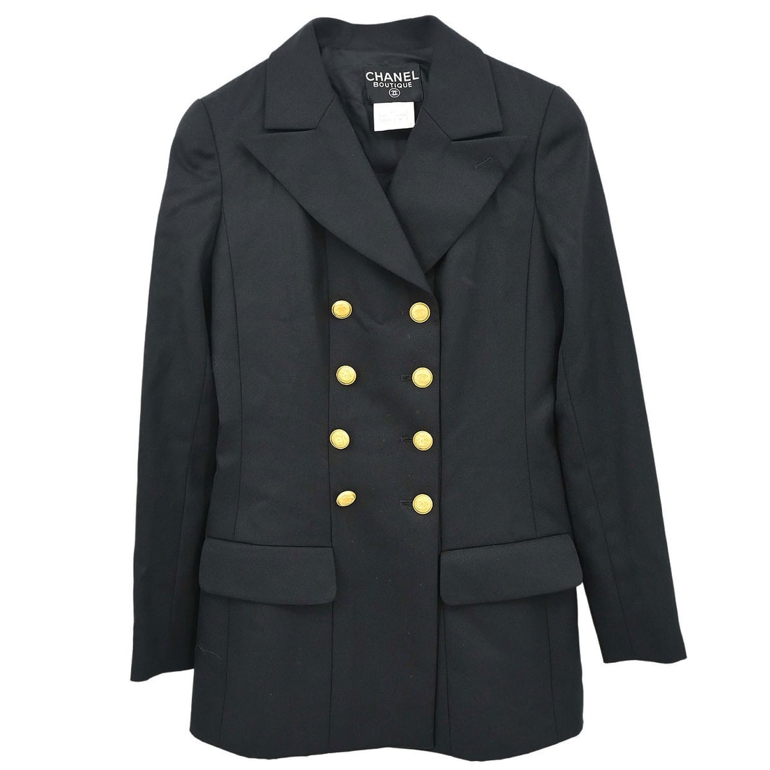 Vintage Chanel Wool Jacket FR 38 Black Double Breasted: Vintage Chanel Wool Jacket FR 38 Black Double Breasted Vintage Chanel double-breasted black jacket in 100% wool with a collared design, long sleeves, and front button closure. This women's mid-length 