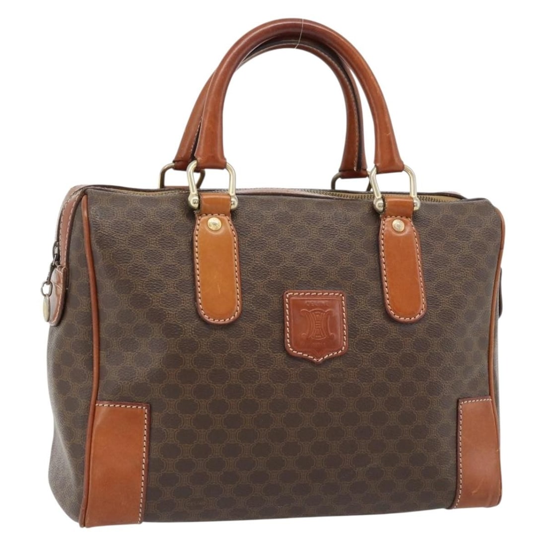 CELINE Macadam Canvas PVC Leather Handbag Brown Gold Italy: CELINE Macadam Canvas PVC Leather Handbag Brown Gold Italy CELINE Macadam canvas hand bag in brown and gold PVC leather, made in Italy. The bag features a handle drop of approximately 3.5 inches (9 cm