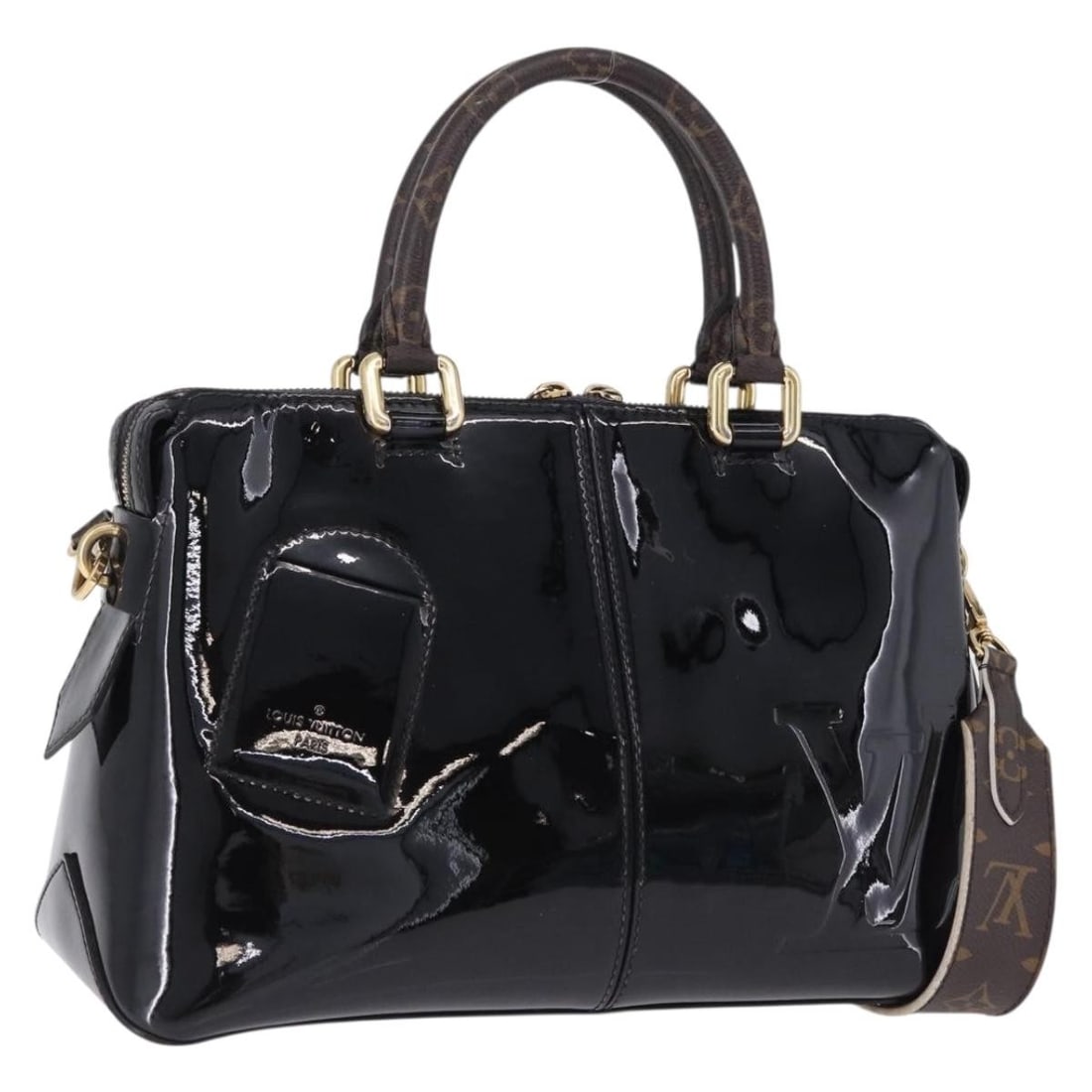Louis Vuitton M54626 black patent leather 2way handbag with shoulder strap: Louis Vuitton M54626 black patent leather 2way handbag with shoulder strap Louis Vuitton Miroir 2-way handbag in black patent leather with top handles and a removable shoulder strap. This women's bag 