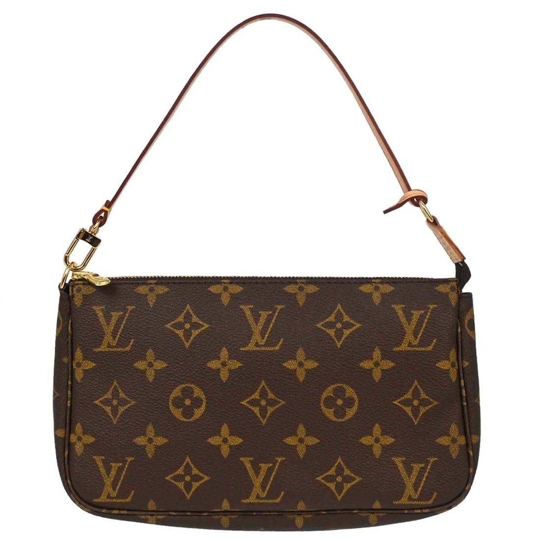 Louis Vuitton Pochette Accessoires Monogram Canvas Pouch M51980 AR0021: Louis Vuitton Pochette Accessoires Monogram Canvas Pouch M51980 AR0021 Vintage Louis Vuitton Pochette Accessoires handbag in brown Monogram canvas with leather trim and a zip closure. This small unise