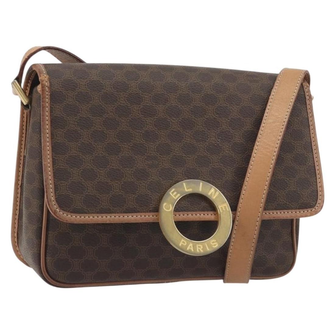CELINE Macadam Shoulder Bag Brown PVC Leather Gold Tone: CELINE Macadam Shoulder Bag Brown PVC Leather Gold Tone Celine Macadam canvas shoulder bag in brown with gold-tone accents, crafted with PVC leather trim. This women's shoulder bag is made in Italy an