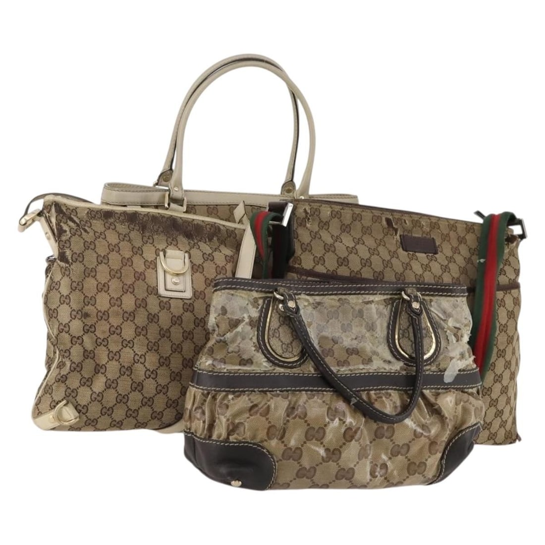 Gucci Sherry Web GG Crystal handbag set of 4 coated canvas: Gucci Sherry Web GG Crystal handbag set of 4 coated canvas Authentic Gucci handbag set in dark brown GG canvas and coated canvas with the Web Sherry Line design. This special set sale includes a charm