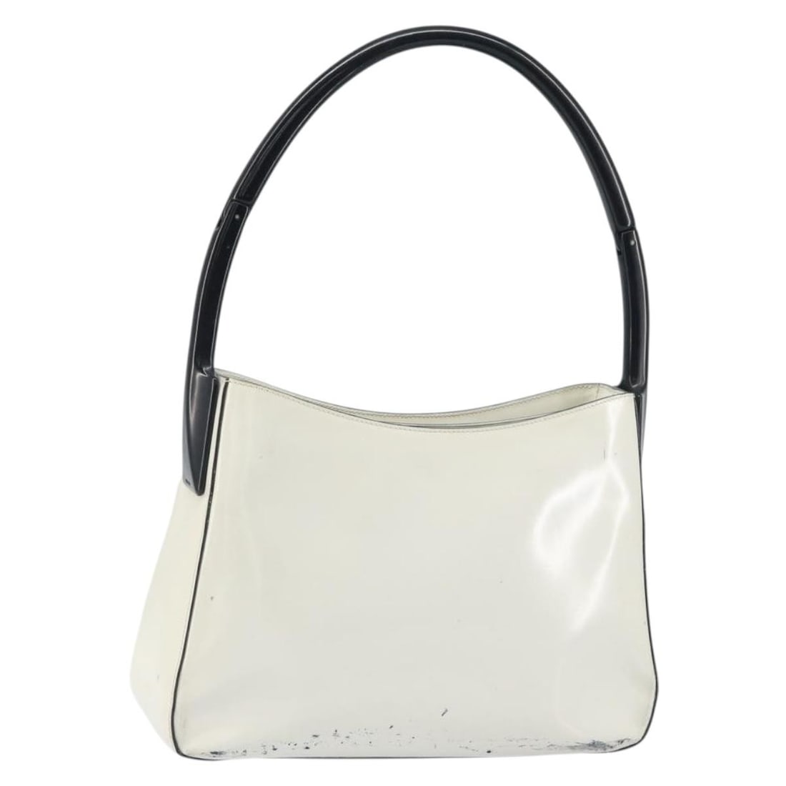 White and Silver Patent Leather Prada Shoulder Bag Italy: White and Silver Patent Leather Prada Shoulder Bag Italy This Prada shoulder bag is crafted from white and silver patent leather and features a sleek, contemporary design. The bag shows signs of heavy
