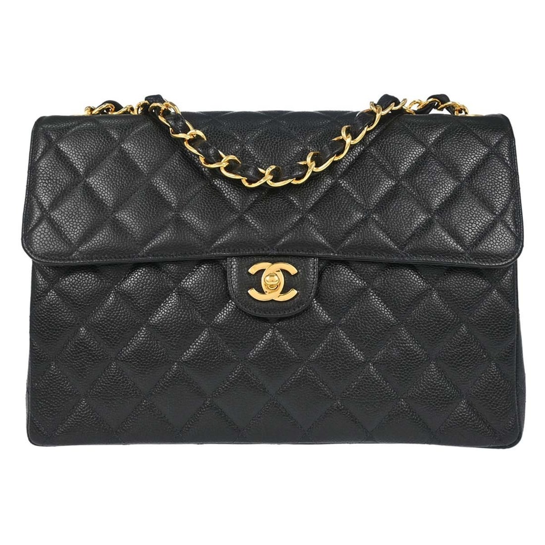 CHANEL Jumbo Classic Flap Shoulder Bag Black Caviar Leather: CHANEL Jumbo Classic Flap Shoulder Bag Black Caviar Leather Chanel Jumbo Classic Flap shoulder bag in black calfskin leather with matelasse pattern and a flap turnlock closure. It features a shoulder 