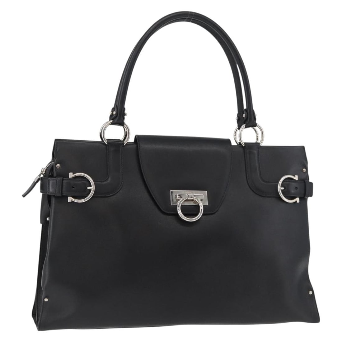 Black Leather Hand Bag Salvatore Ferragamo Gancini Silver Tone: Black Leather Hand Bag Salvatore Ferragamo Gancini Silver Tone Salvatore Ferragamo Gancini handbag in black leather with silver-tone accents, made in Italy. This women's handbag is offered without the