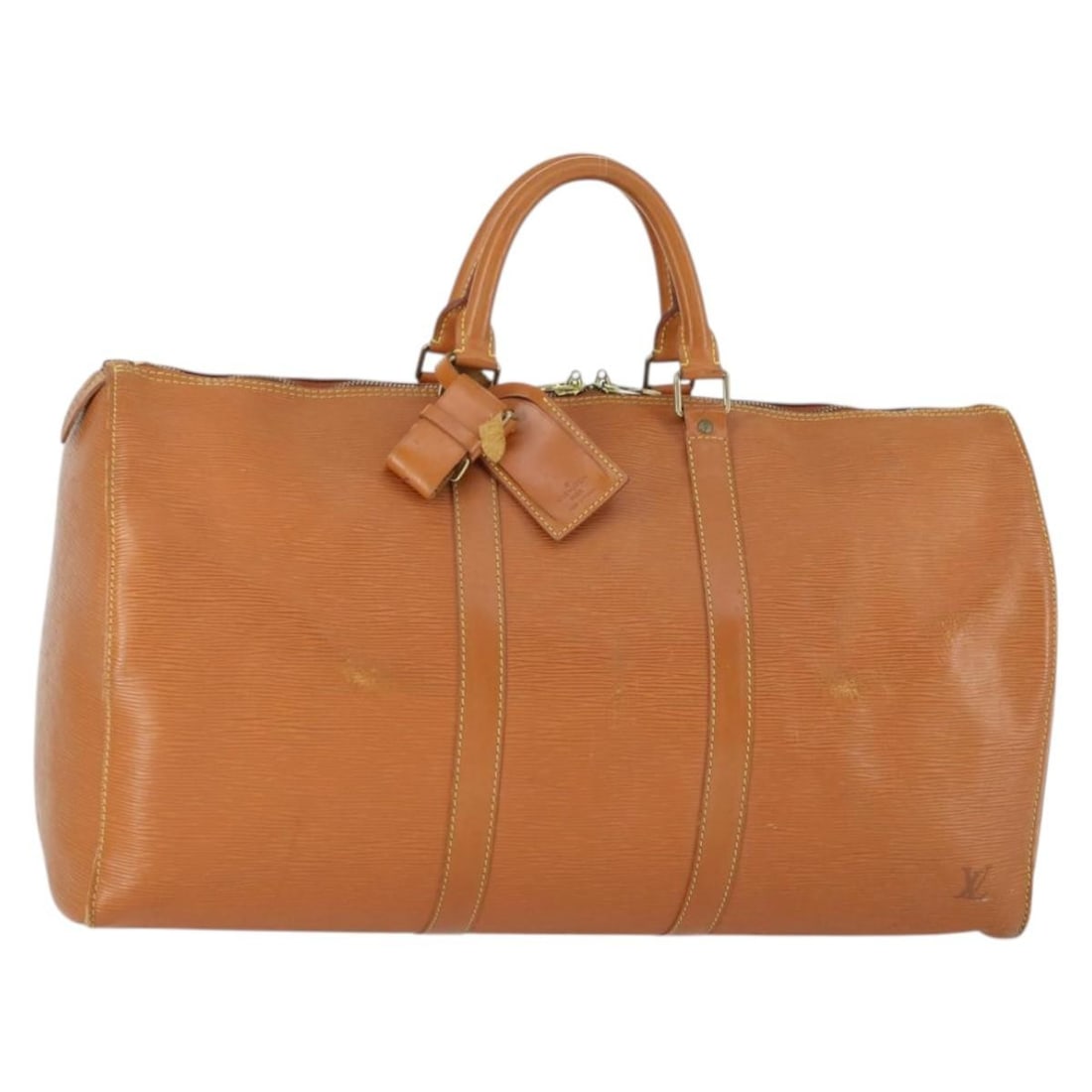 Louis Vuitton M42968 Keepall 50 Brown Epi Leather Boston Bag: Louis Vuitton M42968 Keepall 50 Brown Epi Leather Boston Bag Louis Vuitton Keepall 50 Boston bag in brown Epi leather. This women's bag includes a name tag and Powanie. Condition is heavily used, with