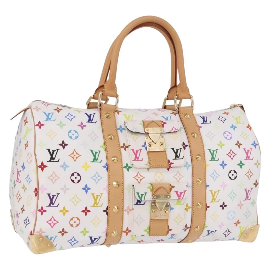 Louis Vuitton M92641 Keepall 45 Boston Bag White Monogram Multicolor: Louis Vuitton M92641 Keepall 45 Boston Bag White Monogram Multicolor Louis Vuitton Monogram Multicolor Keepall 45 Boston bag in white Monogram Multicolor canvas. Made in France, this women's bag inclu