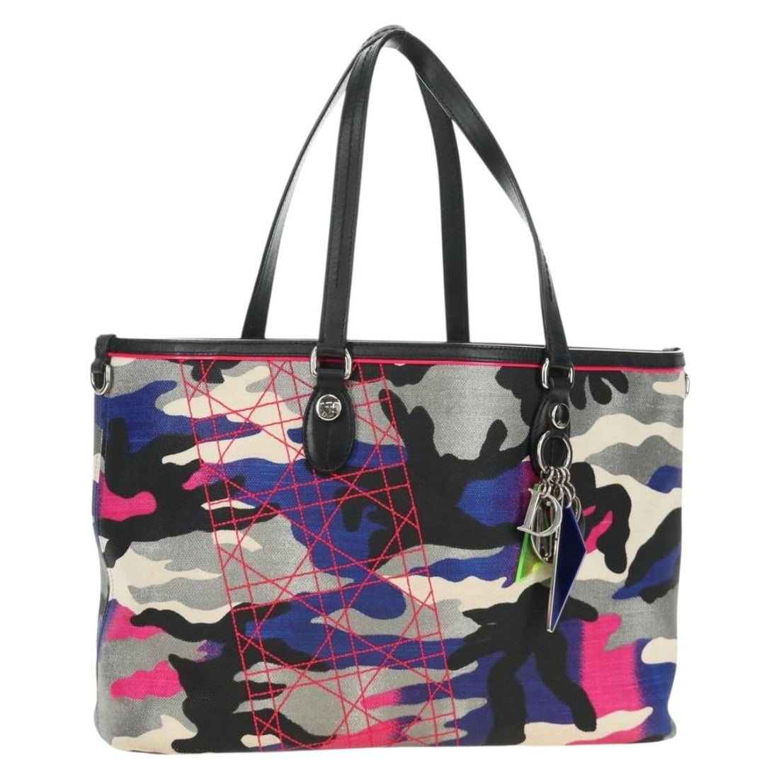 Christian Dior Anselmurail Canvas Tote with Charm Multicolor Silver: Christian Dior Anselmurail Canvas Tote with Charm Multicolor Silver Christian Dior Anselmurail tote bag in multicolor and silver canvas with charm accessory. Made in Italy, this women's tote shows rea