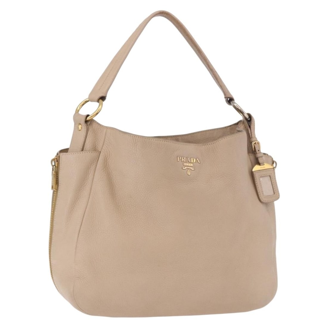 PRADA Vitello Daino leather handbag beige gold with name tag: PRADA Vitello Daino leather handbag beige gold with name tag Prada women's leather handbag in beige with gold-tone accents, made in Italy. Includes a name tag. This pre-owned bag shows heavy use, with