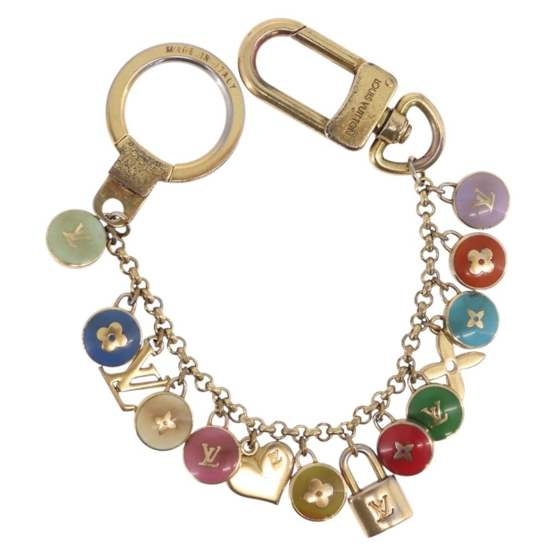 Louis Vuitton M65389 metal key holder gold tone multicolor Italy: Louis Vuitton M65389 metal key holder gold tone multicolor Italy Louis Vuitton Porte Cles Chainne Pastille key holder in gold tone and multicolor metal. This women's accessory is made in Italy and sho