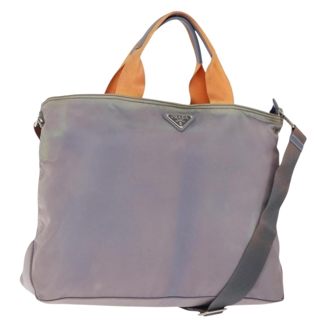 Authentic PRADA Nylon Tote Bag Purple Orange 2 Way Made in Italy: Authentic PRADA Nylon Tote Bag Purple Orange 2 Way Made in Italy This authentic PRADA tote bag showcases a vibrant purple and orange nylon exterior, perfect for adding a pop of color to any outfit. Me