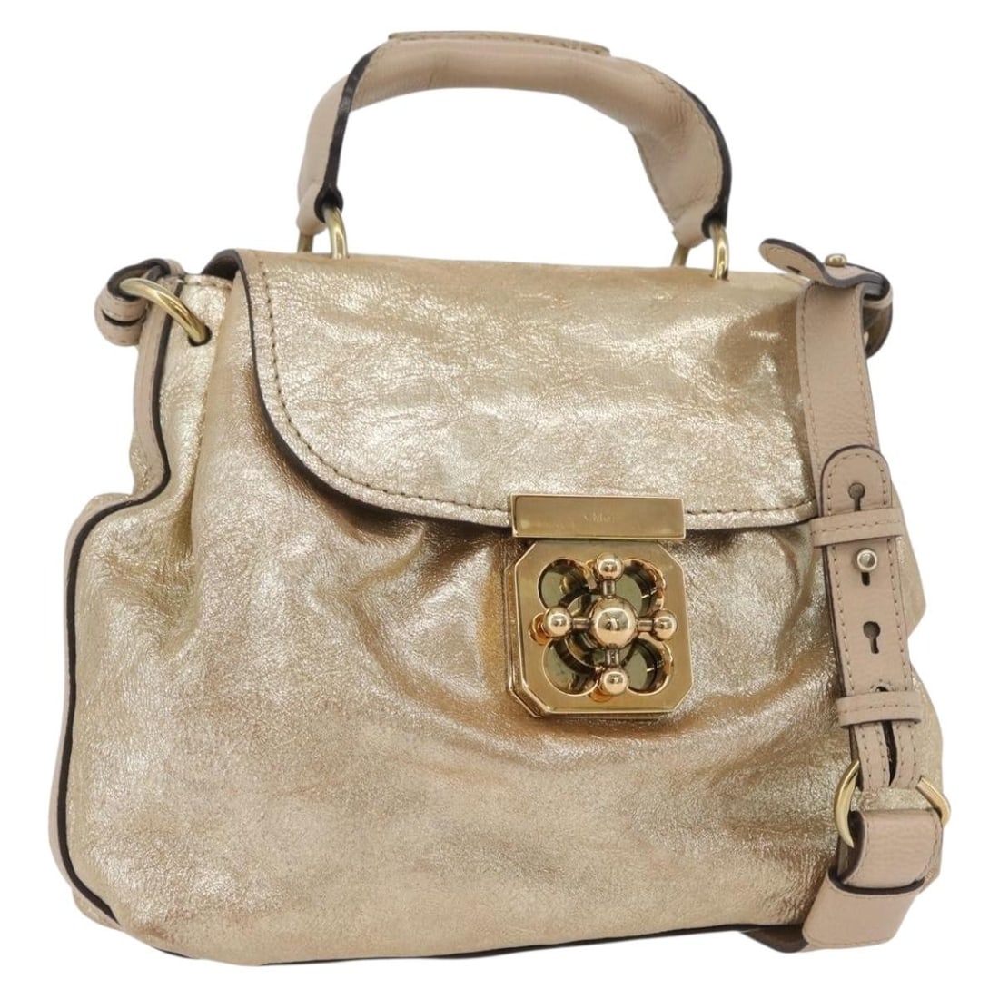Chloe Elsie Gold Leather Convertible Handbag with Shoulder Strap: Chloe Elsie Gold Leather Convertible Handbag with Shoulder Strap This Chloe Elsie handbag offers a versatile 2-way carry option and is crafted from gold-toned leather. Designed for women, the bag feat