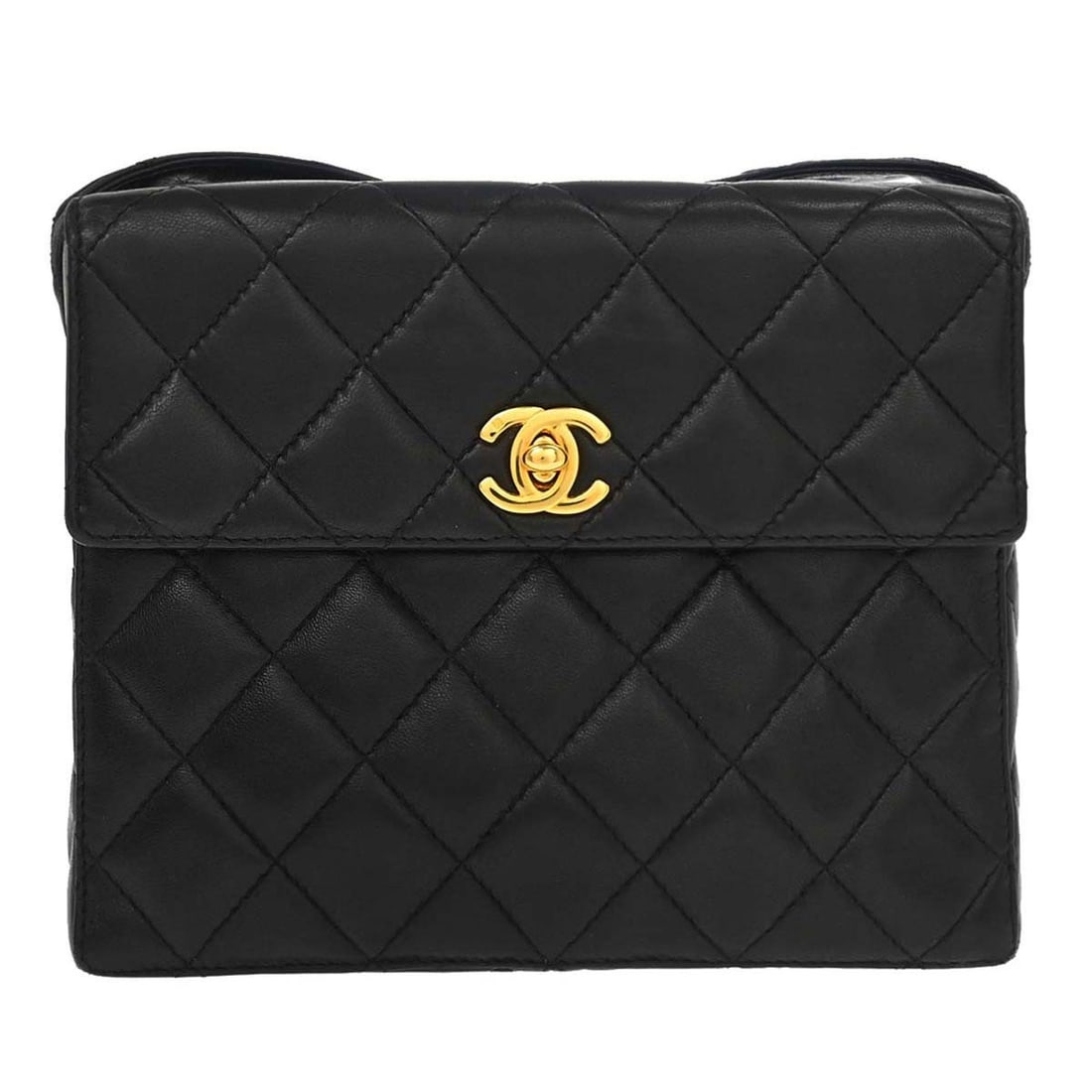 CHANEL Straight Flap Medium Shoulder Bag in Black Lambskin: CHANEL Straight Flap Medium Shoulder Bag in Black Lambskin Chanel Straight Flap shoulder bag in black lambskin with a leather lining and shoulder strap. This medium bag features exterior and interior 