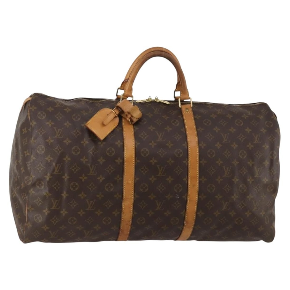 Louis Vuitton M41422 Keepall 60 Monogram Canvas Boston Bag: Louis Vuitton M41422 Keepall 60 Monogram Canvas Boston Bag Louis Vuitton Keepall 60 Boston bag in Monogram canvas. This heavily used bag includes a name tag and Powanie. Condition notes include loss o