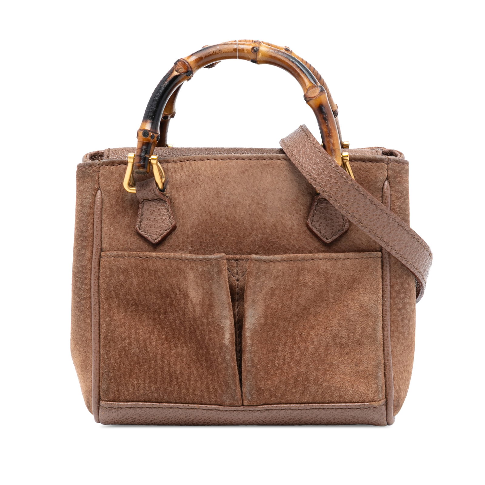 Brown Gucci Mini Satchel With Bamboo Handles and Suede Leather: Brown Gucci Mini Satchel With Bamboo Handles and Suede Leather This Gucci Mini Suede Bamboo Satchel features a brown suede body complemented by bamboo top handles and a detachable flat leather strap. 