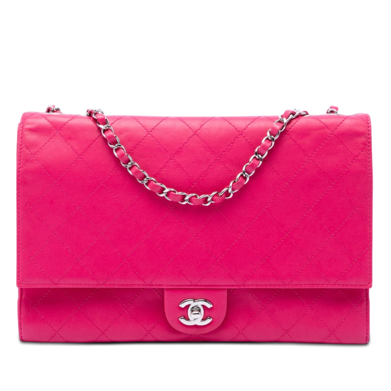 Chanel Jumbo Double Flap Shoulder Bag Pink Quilted Lambskin: Chanel Jumbo Double Flap Shoulder Bag Pink Quilted Lambskin Chanel Jumbo Quilted Lambskin 3 Accordion Double Flap shoulder bag in pink lambskin leather. This bag features leather-woven chain link stra