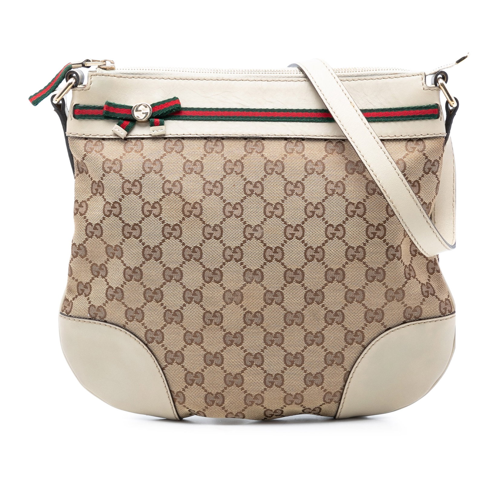 Mayfair Beige Canvas Crossbody Bag with Web Ribbon Detail by Gucci: Mayfair Beige Canvas Crossbody Bag with Web Ribbon Detail by Gucci The Gucci GG Canvas Web Mayfair Crossbody bag features a beige canvas body with leather trim, an adjustable flat leather strap, ribbo