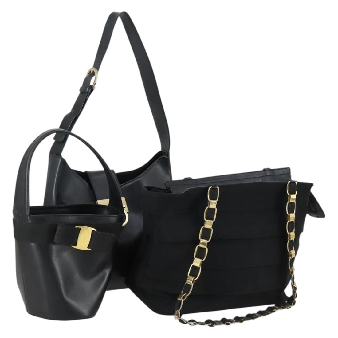 Set of Three Salvatore Ferragamo Gancini Vala Black Leather Handbags: Set of Three Salvatore Ferragamo Gancini Vala Black Leather Handbags This Salvatore Ferragamo Gancini Vala hand bag set is crafted from black leather and made in Italy. The set includes three bags, ea