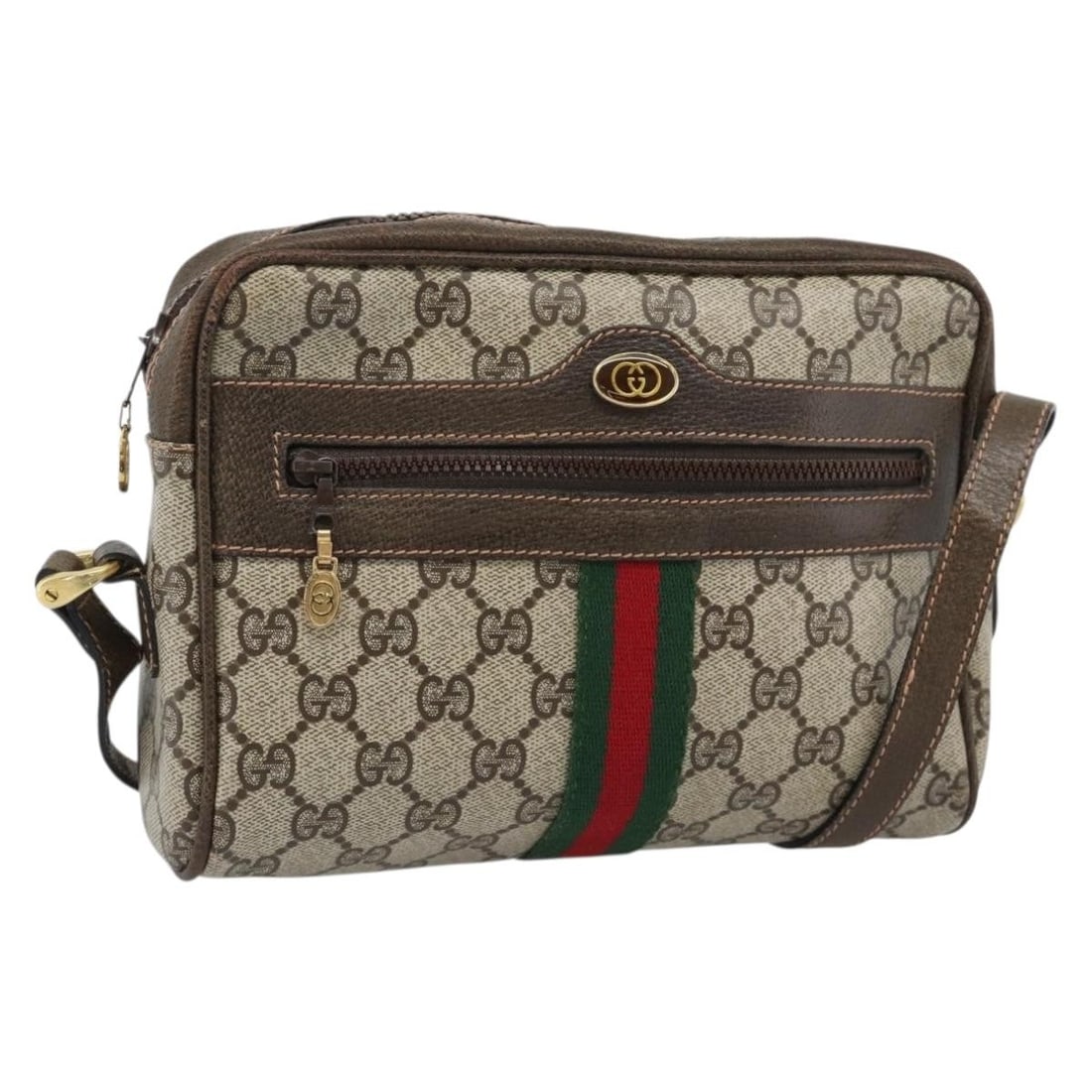 Gucci Sherry Line GG Supreme PVC Leather Shoulder Bag Beige Gold: Gucci Sherry Line GG Supreme PVC Leather Shoulder Bag Beige Gold Gucci GG Supreme Web Sherry Line shoulder bag in beige with gold-tone accents, crafted in PVC leather and GG canvas. Made in Italy, thi
