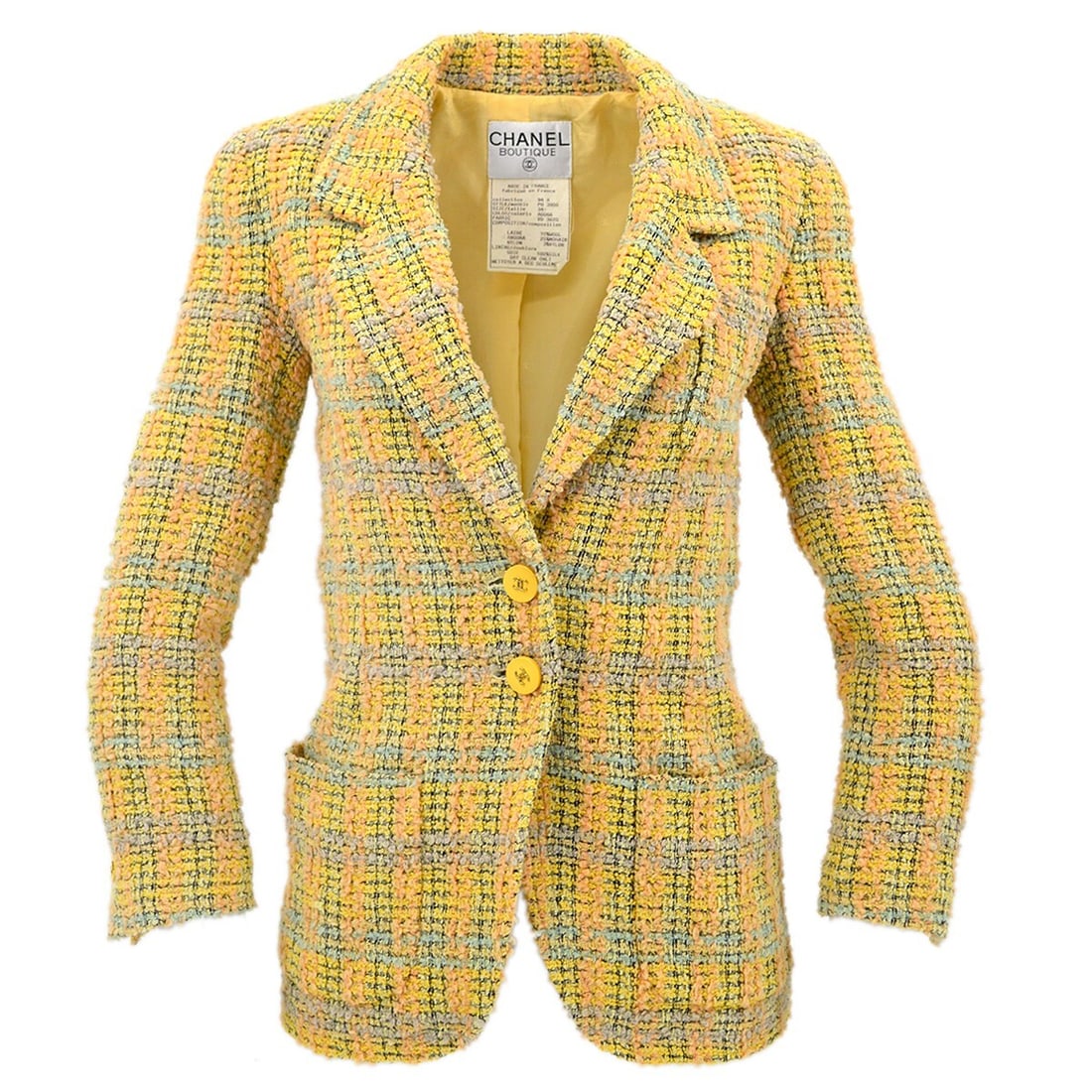 CHANEL 94A Yellow Tweed Long Sleeve Jacket Size 34: CHANEL 94A Yellow Tweed Long Sleeve Jacket Size 34 Vintage Chanel single-breasted jacket in yellow tweed with a collared design and long sleeves. Made in France, this women's jacket features logo acce