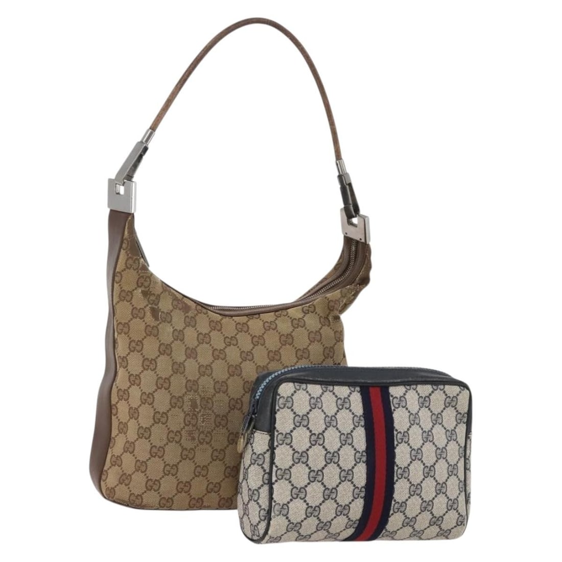 Set of 2 Gucci GG Canvas Navy Beige Handbags Made in Italy: Set of 2 Gucci GG Canvas Navy Beige Handbags Made in Italy This is a women's Gucci GG Supreme GG Canvas handbag set in navy and beige, crafted from signature GG canvas. The set includes two handbags. 