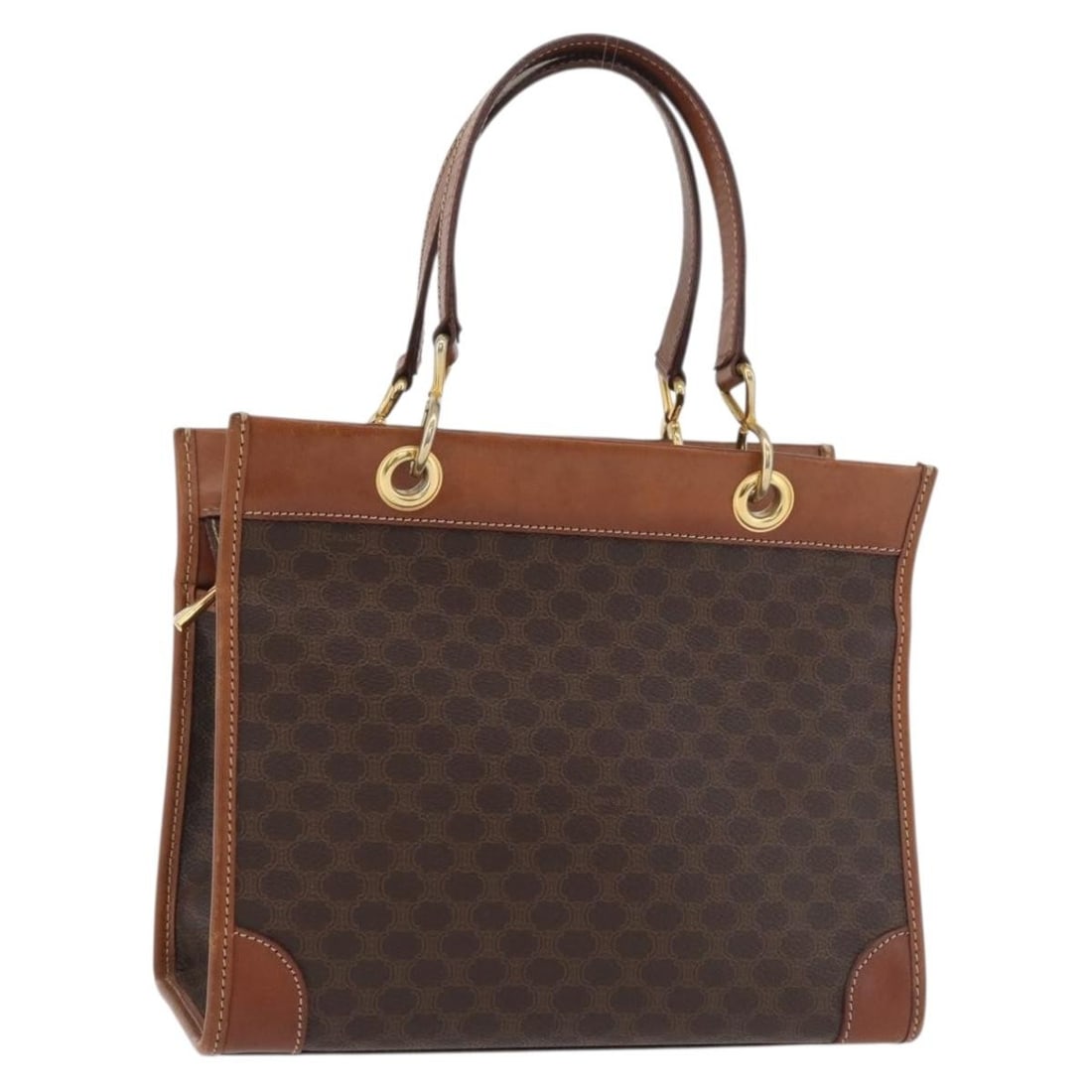 CELINE Macadam Brown PVC Leather Hand Bag Italy: CELINE Macadam Brown PVC Leather Hand Bag Italy Celine Macadam canvas hand bag in brown with gold-tone accents, crafted with PVC leather trim. Made in Italy, this women's bag is offered without the or