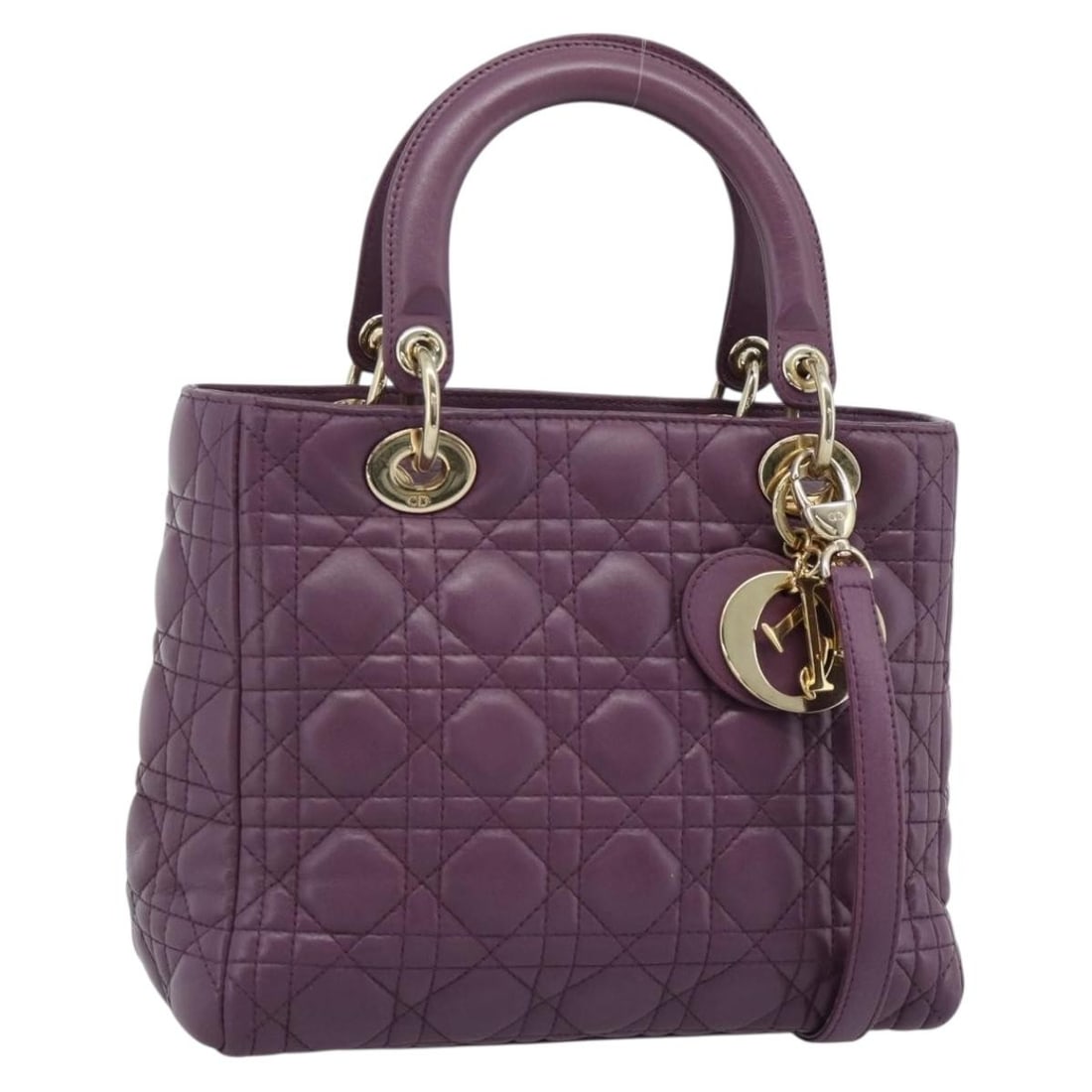 Christian Dior Lady Dior Cannage Lambskin 2way Handbag Purple Gold: Christian Dior Lady Dior Cannage Lambskin 2way Handbag Purple Gold Christian Dior Lady Dior Cannage 2-way handbag in purple lamb skin with gold-tone accents. This women's bag includes a top handle and